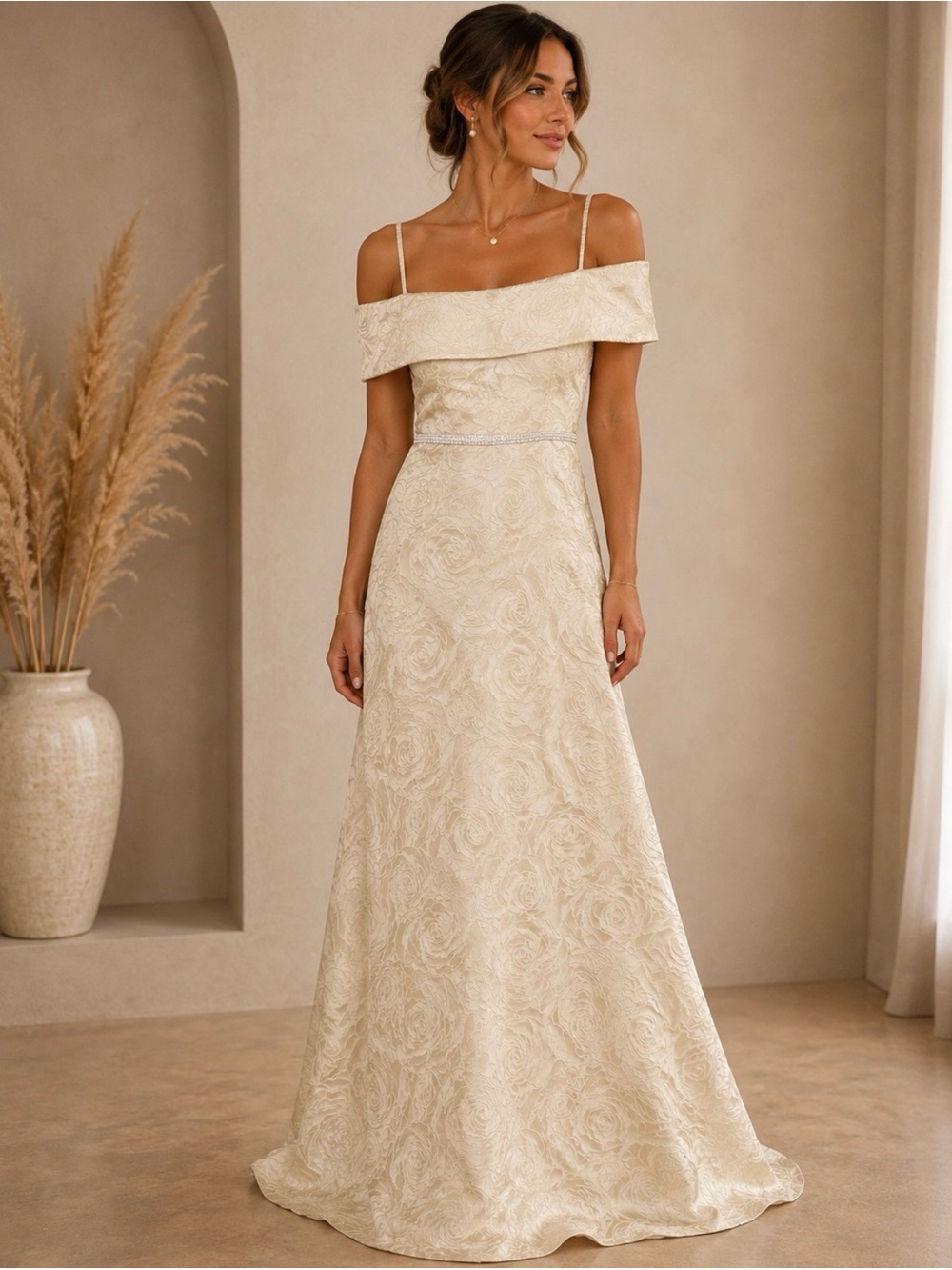 Essentials Cream Off-Shoulder Spaghetti-Strap Wedding Gown
